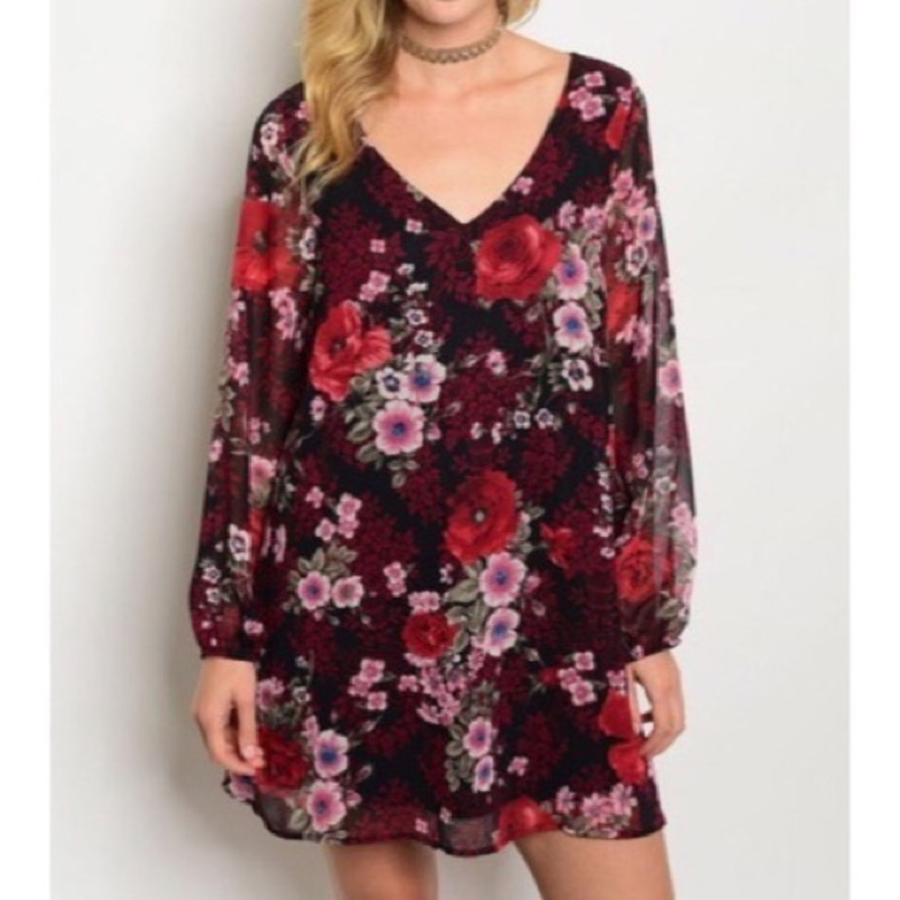 New Small red Floral dress with sheer sleeves - Picture 2 of 4